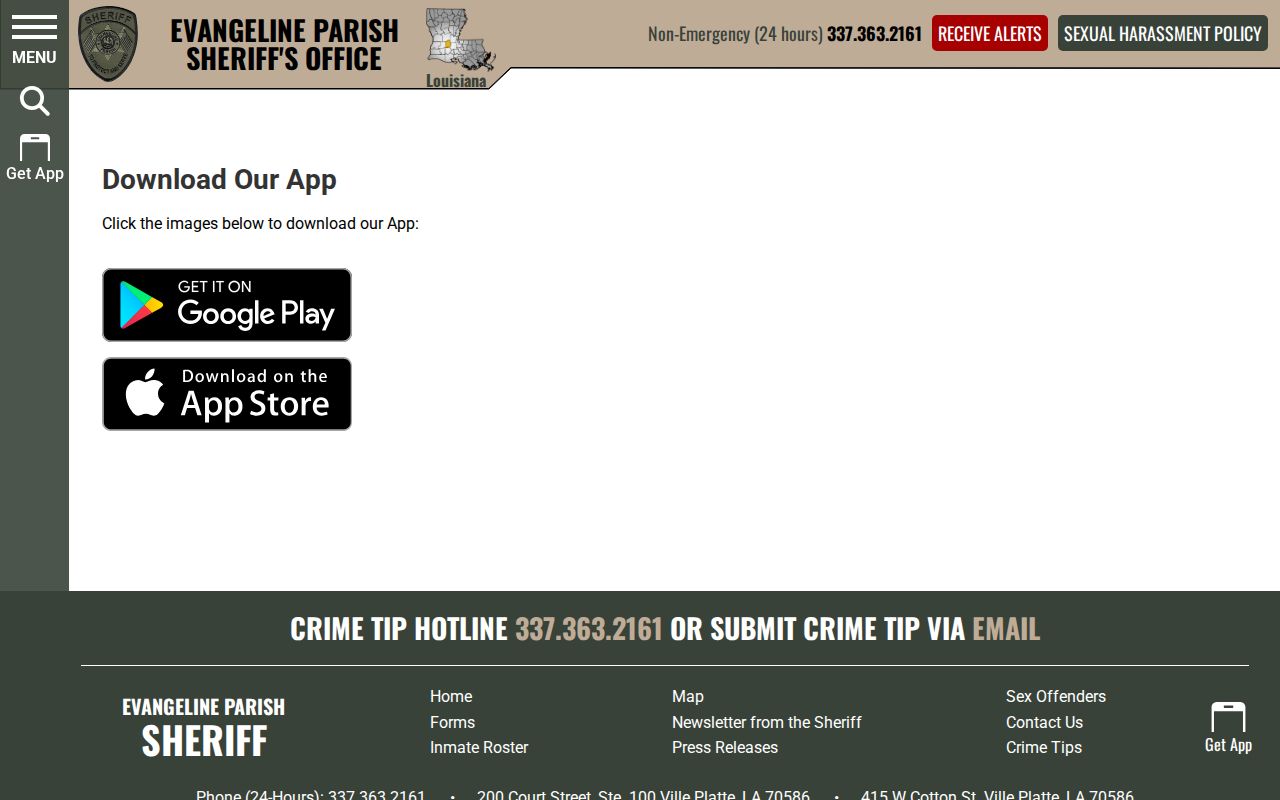 Evangeline Parish Sheriff arrest roster alerts app page