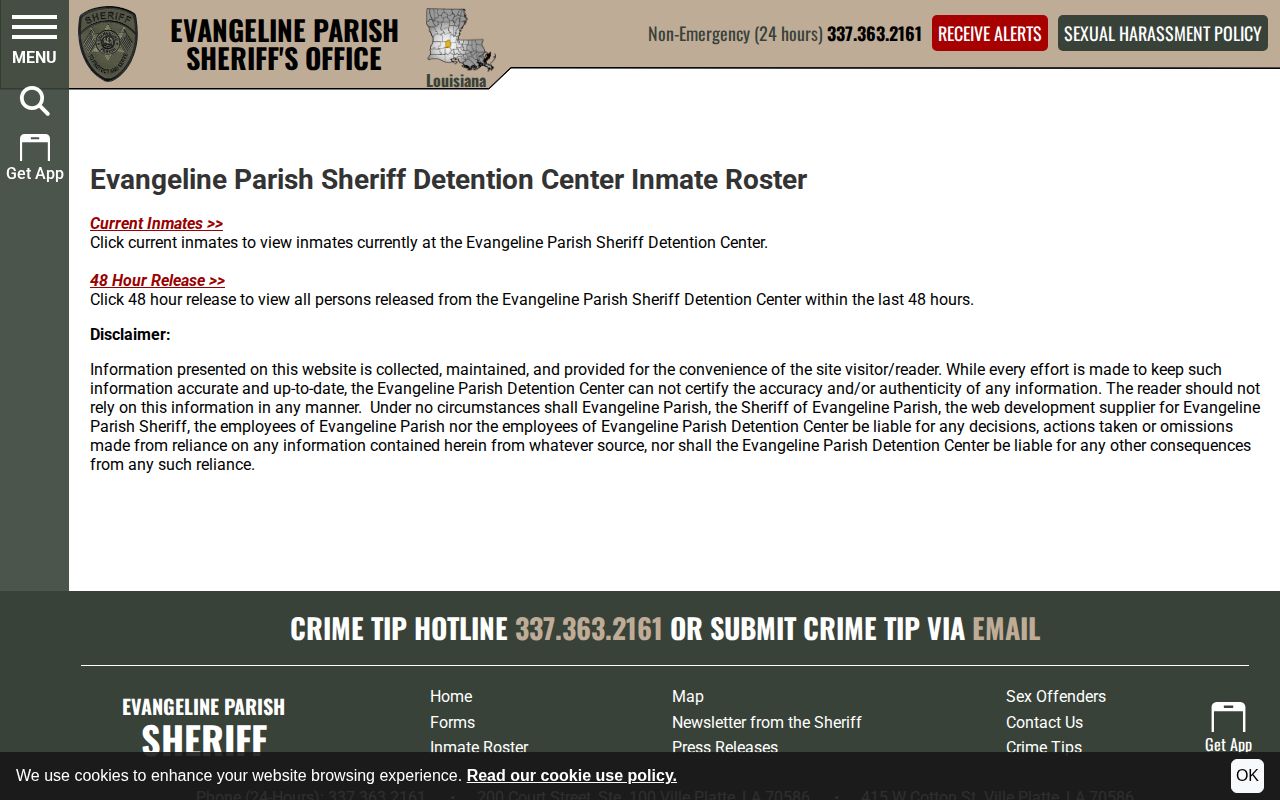 Evangeline Parish official mugshot roster disclaimer and search entry