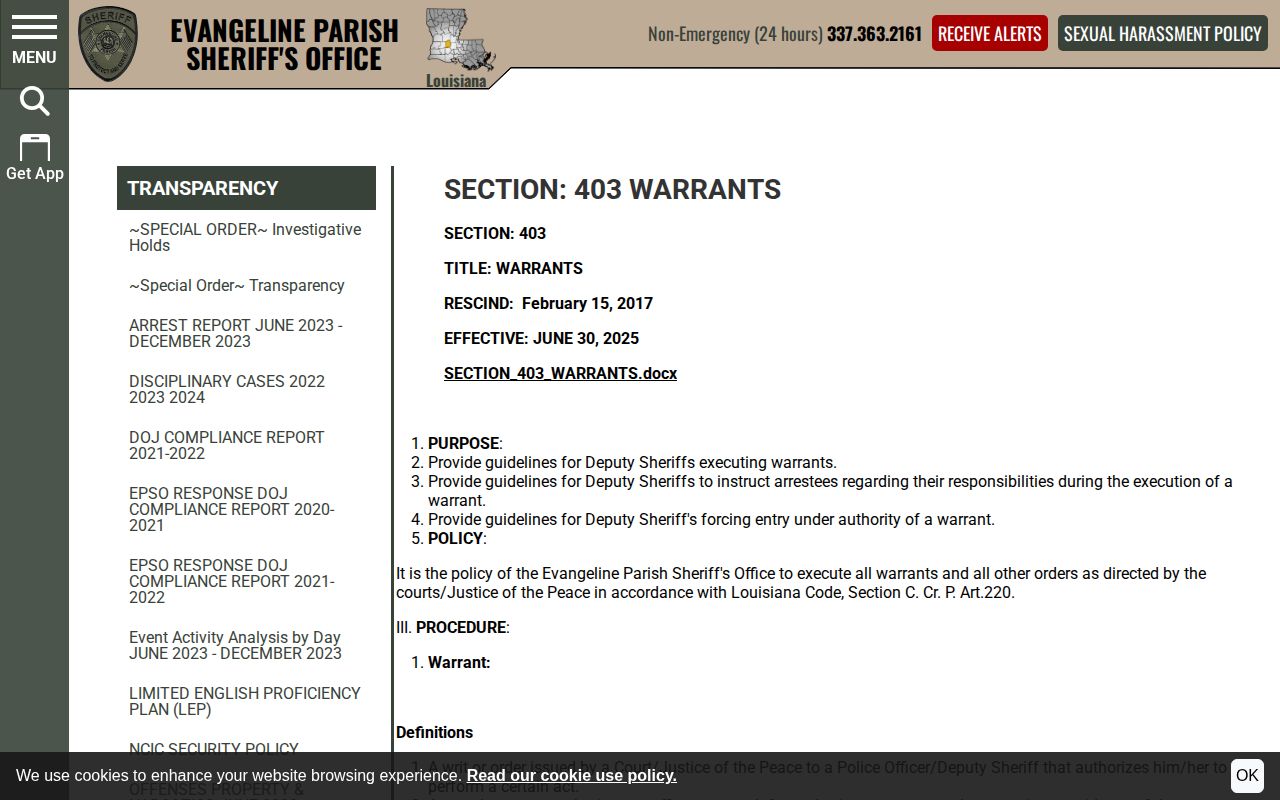 Evangeline Parish warrant procedure and wanted-record policy