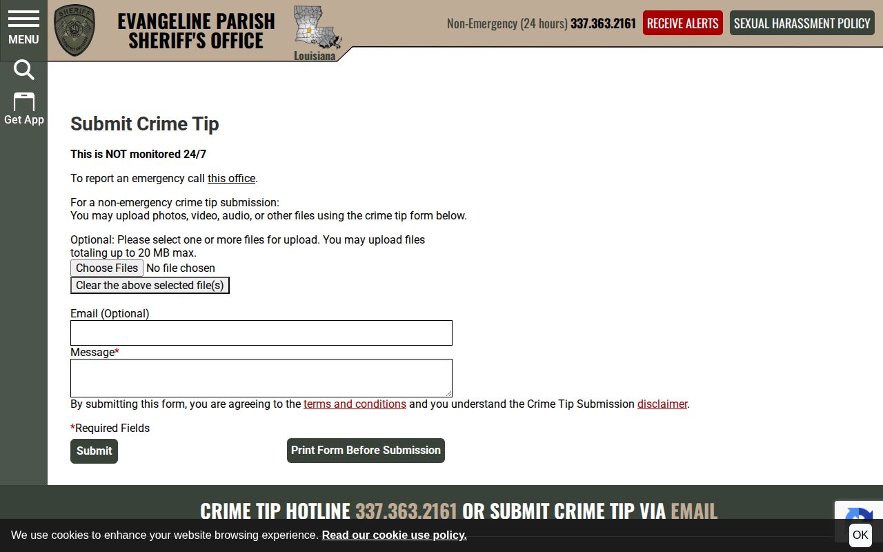 Evangeline Parish crime tip form for wanted-person information