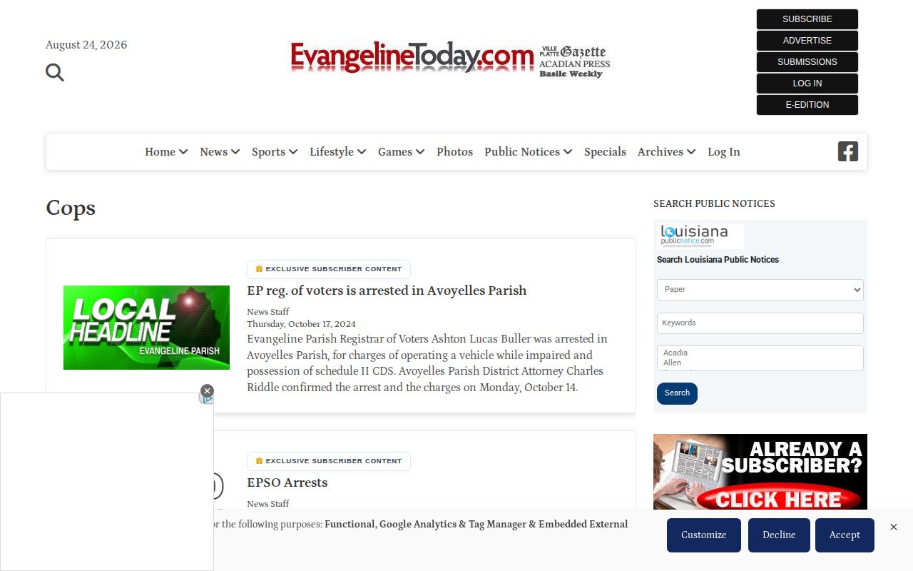 Evangeline Parish crime news and booking blotter on Evangeline Today