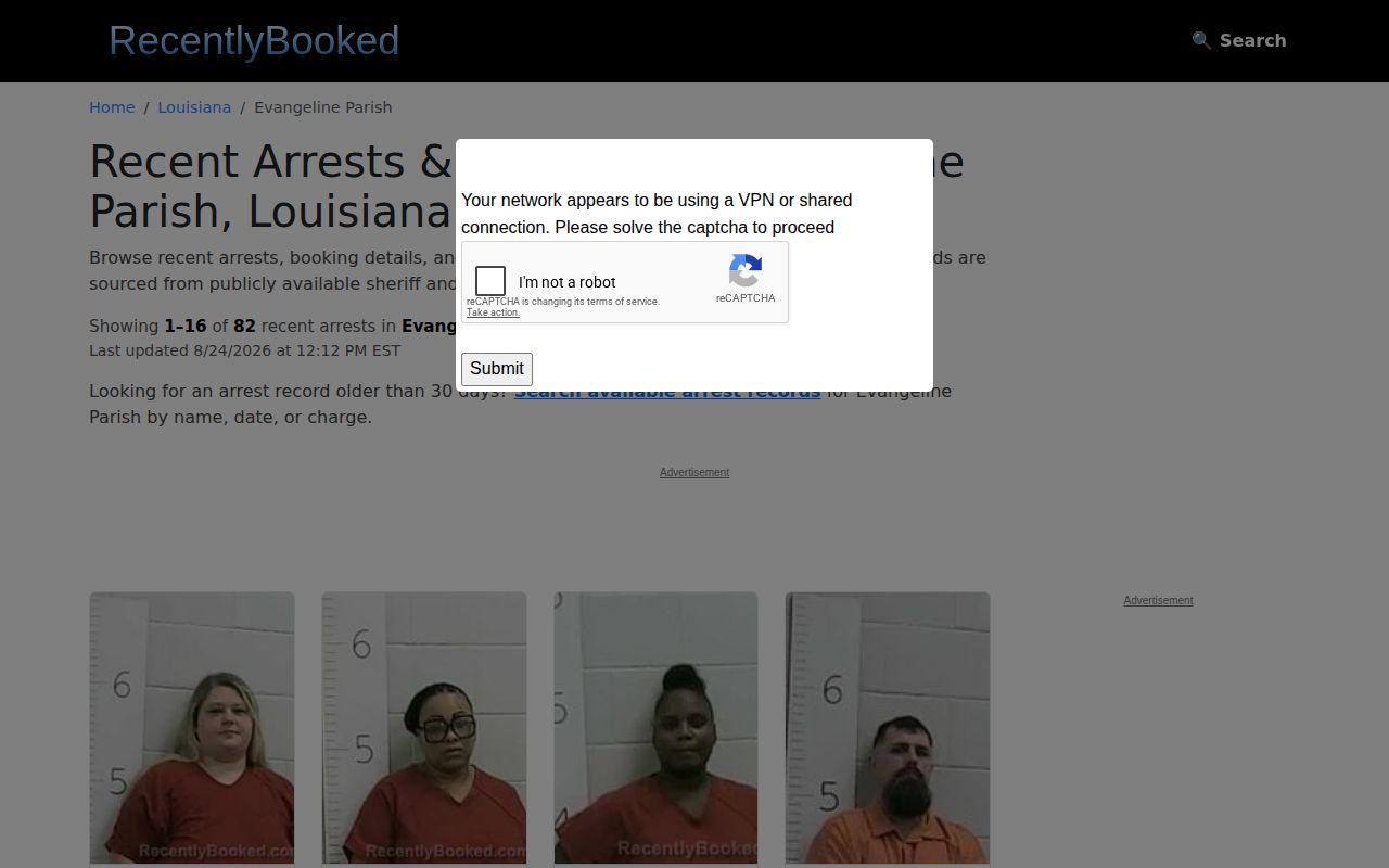 Unofficial RecentlyBooked Evangeline Parish mugshot archive interface